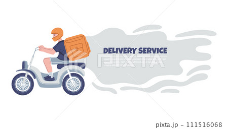 Courier on a motorcycle with a orange delivery box backpack, fresh food shipping, delivery service vector landing page 111516068