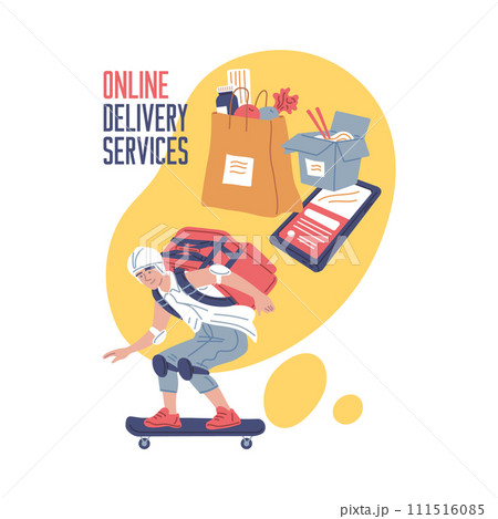 Courier on a skateboard carry a delivery box backpack, Online fresh food delivery service vector advertising poster 111516085