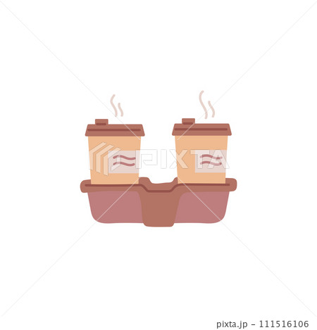 Paper cups with coffee or tea in carrying pack, vector two beverage cups in carton holder, coffee takeaway or delivery 111516106