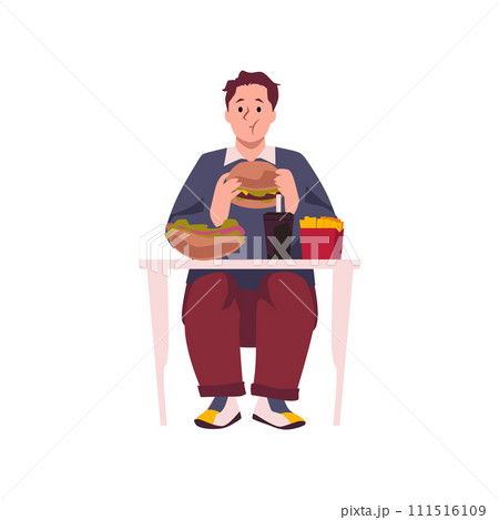 Man eating hamburger, hot dog, french fries and soda, eating disorder, unhealthy fast food addiction vector illustration 111516109