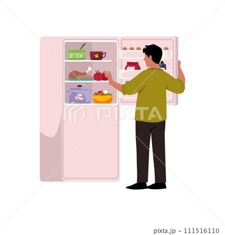 Man standing in front of opened fridge full of the food, late snack overeating binge eating disorder vector illustration 111516110