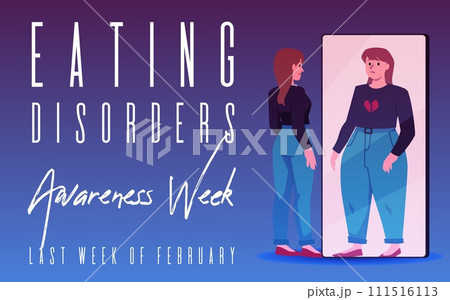 Eating disorder awareness week t vector banner, Anorexia, sad skinny woman is fat obesity in the mirror, mental health 111516113