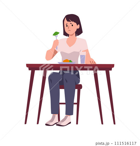 Sad woman eating salad with fresh vegetables, vector anorexia, eating disorder symptom, restrictive food intake disorder Sad woman eating salad with fresh vegetables, vector anorexia, eating disorder symptom, restrictive food intake disorder 111516117