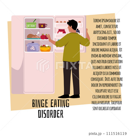 Binge eating disorder vector poster, man standing in front of opened fridge full of the food, obese gluttony, overeating 111516119