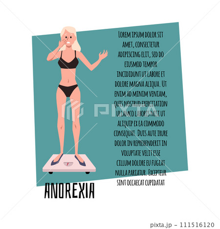 Anorexia vector poster, sad unhealthy skinny girl is standing on the weight, dieting and health problem, eating disorder 111516120