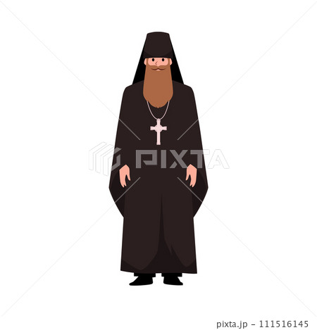 Priest in a black cassock with cross, vector Pastor or Pope standing isolated, Christianity religion, Orthodox prayer 111516145