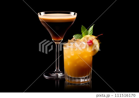 Set and collection of classic alcohol cocktails or mocktail isolated on white background with fresh summer fruits Set and collection of classic alcohol cocktails or mocktail isolated on white background with fresh summer fruits 111516170