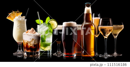 Set and collection of classic alcohol cocktails or mocktail isolated on black background with fresh summer fruits 111516186