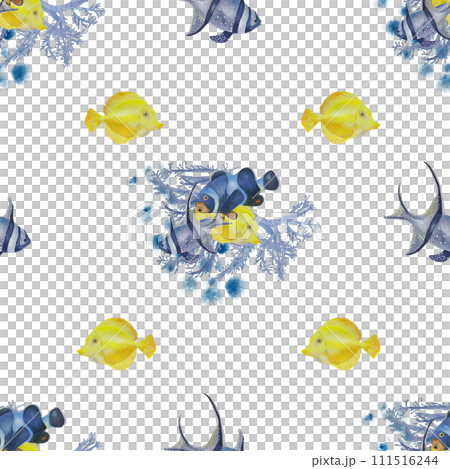 Watercolor illustration with tropical fish, corals. Seamless pattern, dark, juicy, bright. For fabric, textiles, wallpaper, prints. High quality photo 111516244