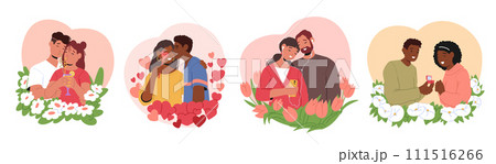 Man And Woman Share Tender Gazes, Cocooned By A Floral Frame In A Blooming Embrace of Love, Vector Illustration Man And Woman Share Tender Gazes, Cocooned By A Floral Frame In A Blooming Embrace of Love, Vector Illustration 111516266
