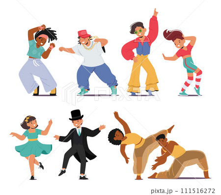 Vector Set of Energetic Kids Twirl And Groove To Lively Beats. Boys and Girls Create Kaleidoscope Of Joy in Dance 111516272