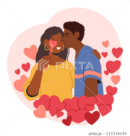 Romantic Black Couple Characters Share Tender Moment, Surrounded By A Cascade Of Hearts In A Blissful Kiss Romantic Black Couple Characters Share Tender Moment, Surrounded By A Cascade Of Hearts In A Blissful Kiss 111516284