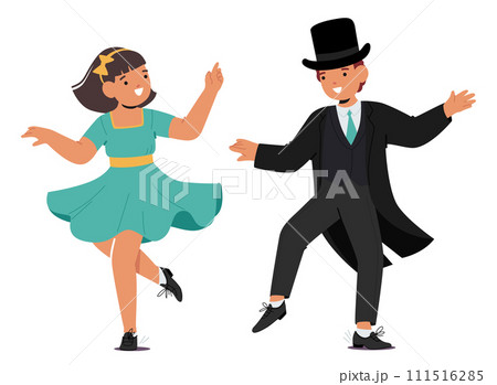 Spirited Little Boy And Girl Characters In Vintage Attire, Joyfully Dance To Retro Jazz Beats, Showcasing Adorable Moves 111516285