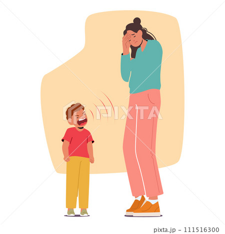 Amidst Piercing Cries Of A Hysterical Child In Tantrum, A Heartbroken Mother Character Struggles Overwhelmed By Outburst Amidst Piercing Cries Of A Hysterical Child In Tantrum, A Heartbroken Mother Character Struggles Overwhelmed By Outburst 111516300