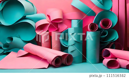 Vibrant paper rolls in pink and teal, abstract craft background. creativity in simple objects. AI 111516382