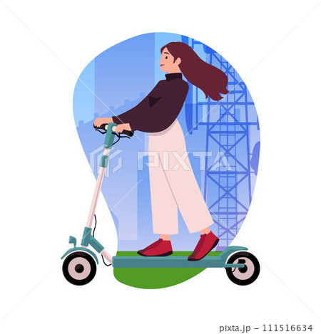 Woman riding a scooter on city backdrop, flat vector illustration isolated. 111516634