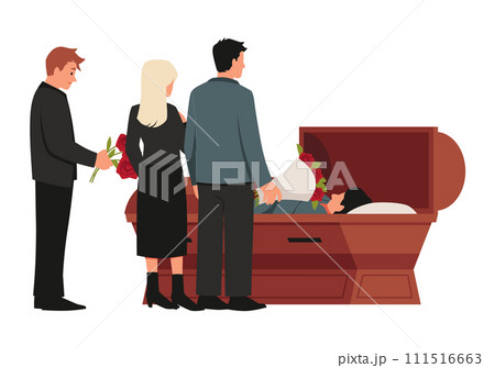 Mourning people with flowers standing around coffin with dead person, Funeral ceremony, burial service vector isolated 111516663