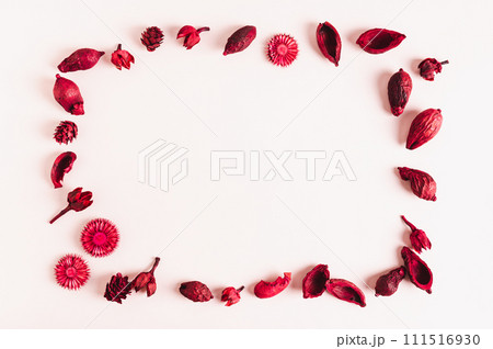 Frame made of dried flowers on white background flat lay top view Frame made of dried flowers on white background flat lay top view 111516930