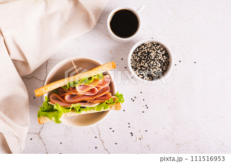 Sandwich with ham, cheese and onion in a bowl on the table top view Sandwich with ham, cheese and onion in a bowl on the table top view 111516953