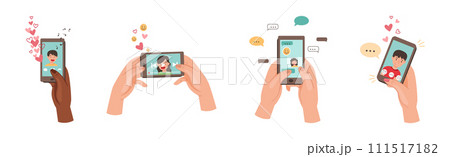 Hand with Smartphone Device Use Different App Vector Set 111517182