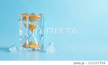 Hourglass in ice cube, frozen time. Stopping the time concept, freeze time, sand clock in ice, copy space. Climate change. Daylight saving time, save the date, fall back, spring forward. Hourglass in ice cube, frozen time. Stopping the time concept, freeze time, sand clock in ice, copy space. Climate change. Daylight saving time, save the date, fall back, spring forward. 111517358