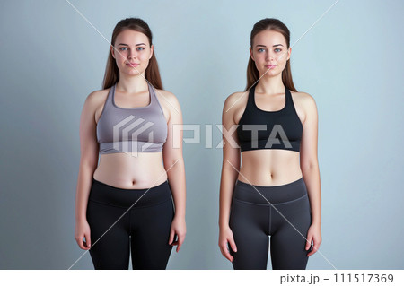 Woman posing before and after weight loss. Diet and healthy nutrition. Fitness results, get fit. Liposuction results, plastic surgery. Transformation from fat to athlete. Overweight and slim, training 111517369
