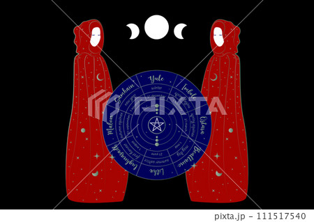 Mystical triple goddess, priestesses in wheel of the Year is an annual cycle of seasonal festivals. Wiccan calendar and holidays. Gothic Witch wiccan female sacred design. Vector isolated on black Mystical triple goddess, priestesses in wheel of the Year is an annual cycle of seasonal festivals. Wiccan calendar and holidays. Gothic Witch wiccan female sacred design. Vector isolated on black 111517540