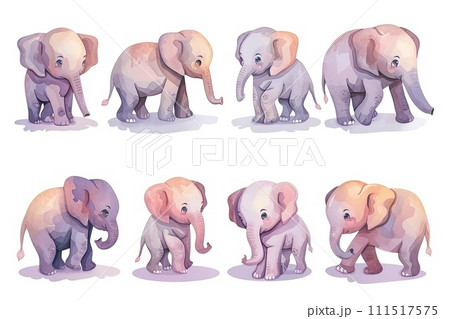 Set of cute elephant in different poses in style watercolor, playful and cheerful 111517575