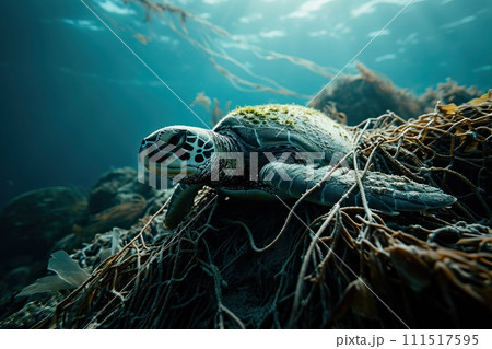 Marine life entangled or harmed by plastic waste in an underwater environment. Plastic pollution problem Marine life entangled or harmed by plastic waste in an underwater environment. Plastic pollution problem 111517595