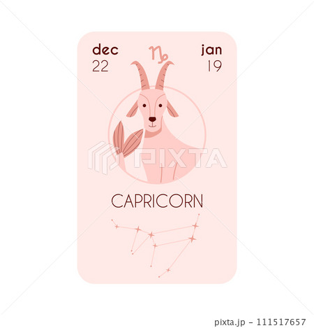 Astrological Horoscope card with Capricorn zodiac constellation, birth date, sign and symbol, beige colors vector design 111517657