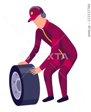 Racing car pit stop mechanics. Engineers team in uniform changing wheels, tires. Auto maintenance service, quick repair 111517760