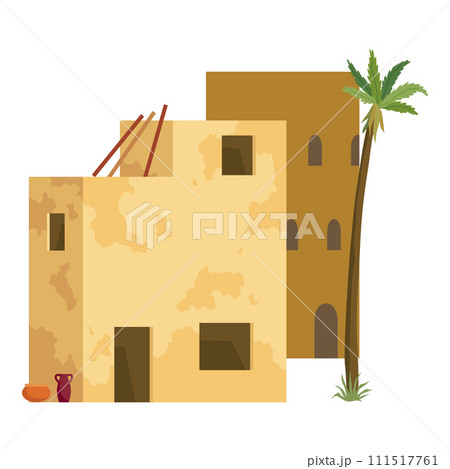 Middle east. Arabic desert with traditional mud brick houses. Ancient building. Flat vector illustration Middle east. Arabic desert with traditional mud brick houses. Ancient building. Flat vector illustration 111517761