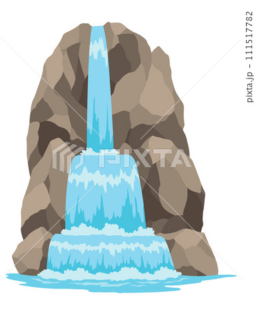 Cartoon river cascade waterfall. Landscape with mountains and trees. Design element for travel brochure or illustration mobile game. Fresh natural water 111517782