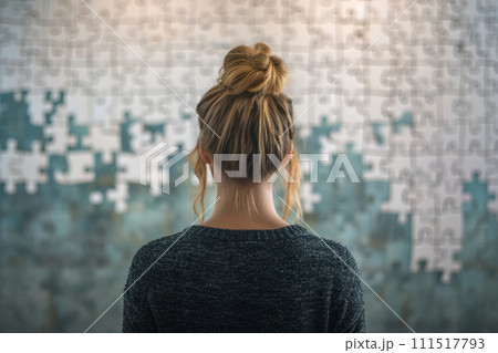 Back view of woman watching on big puzzle on wall. Generative AI 111517793