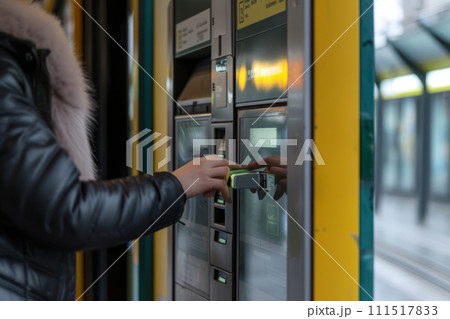 Person using ticket machine at the station. Buying tickets for public transportation. Generative AI 111517833