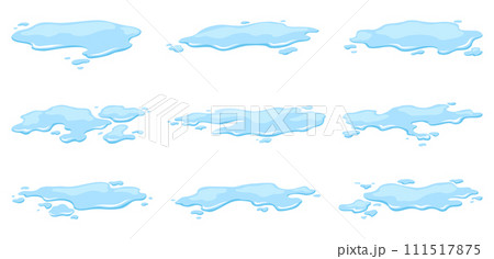 Water spill puddles set. Blue liquid various shape in flat cartoon style. Clean fluid drop design elements isolted on white background 111517875