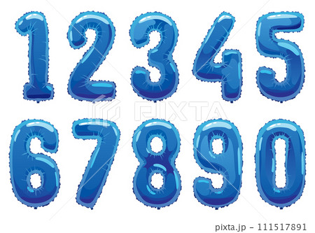 Helium blue balloons numbers. Realistic design elements, numeral character. Party decoration balloons or anniversary sign. Vector glossy decorative digits illustration 111517891