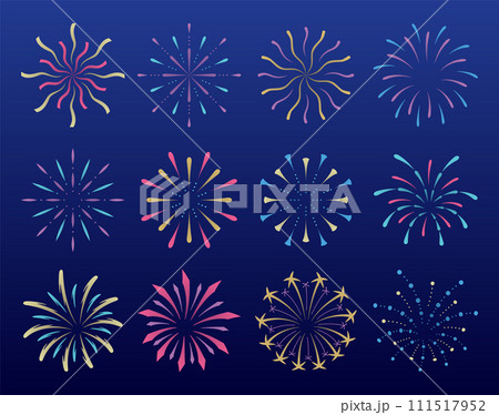 Festive fireworks on a night background. Colorful bright fireworks in the night sky. Celebration fireworks. Background for festive design, party. Pyrotechnics firecracker background Festive fireworks on a night background. Colorful bright fireworks in the night sky. Celebration fireworks. Background for festive design, party. Pyrotechnics firecracker background 111517952