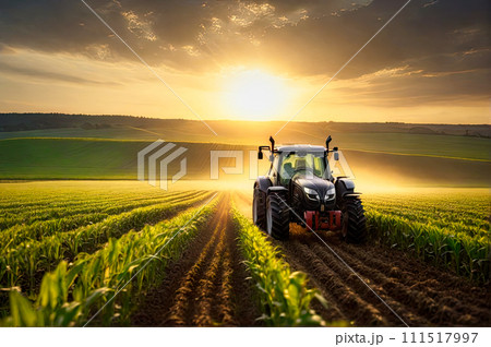 Tractor spray fertilizer on green field drone high angle view, agriculture background concept.AI-generated item 111517997