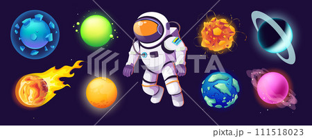 Astronaut and planets mega set in cartoon graphic design. Bundle elements of fantasy alien planets, comets, asteroids, meteorites and flying explorer spaceman. Vector illustration isolated objects 111518023