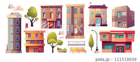 City infrastructure mega set in cartoon graphic design. Bundle elements of residential houses, office skyscrapers, shop buildings with showcase, trees, lanterns. Vector illustration isolated objects City infrastructure mega set in cartoon graphic design. Bundle elements of residential houses, office skyscrapers, shop buildings with showcase, trees, lanterns. Vector illustration isolated objects 111518039