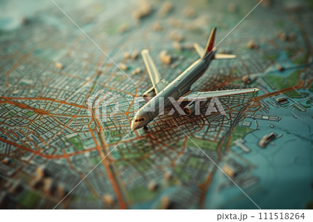 Top view of a model of an airplane standing on a map, cargo transportation concept 111518264