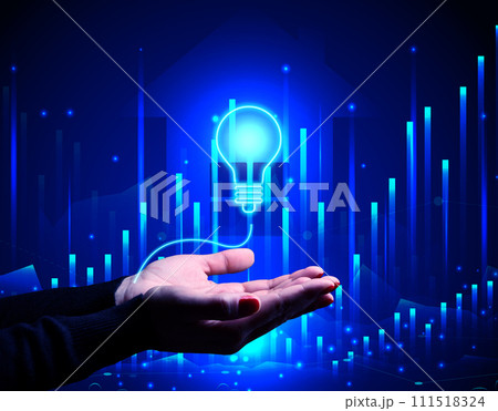 Two hands and a neon light bulb against a graph background, illustrating the concept of energy saving Two hands and a neon light bulb against a graph background, illustrating the concept of energy saving 111518324