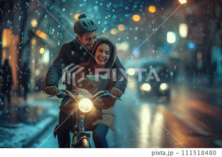 AI-generated content. Man and Woman Riding Motorcycle in the Rain. Generative AI. AI-generated content. Man and Woman Riding Motorcycle in the Rain. Generative AI. 111518480