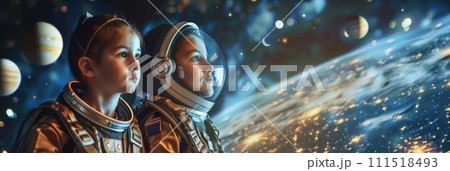 AI-generated content. Two Women in Space Suits Standing Together. Generative AI. 111518493