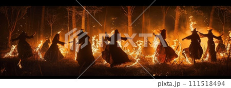 AI-generated content. A Group of People Standing in Front of a Fire. Generative AI. 111518494