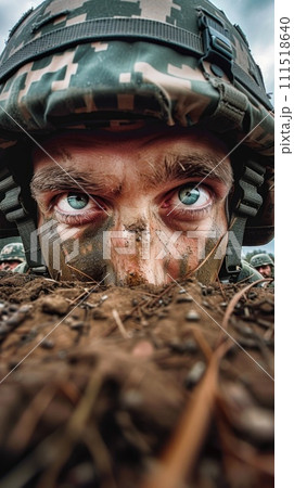 AI-generated content. Soldier With Blue Eyes Hiding in the Ground. Generative AI. 111518640