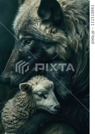 AI-generated content. Wolf Embracing Sheep in the Darkness. Generative AI. AI-generated content. Wolf Embracing Sheep in the Darkness. Generative AI. 111518661