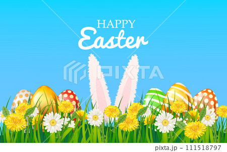 Happy easter eggs colored, bunny ears, green grass daisy and dandelion Happy easter eggs colored, bunny ears, green grass daisy and dandelion 111518797