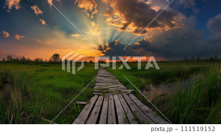 Marshland Tranquility: Sunset Over Wooden Boardwalk. Generative AI 111519152